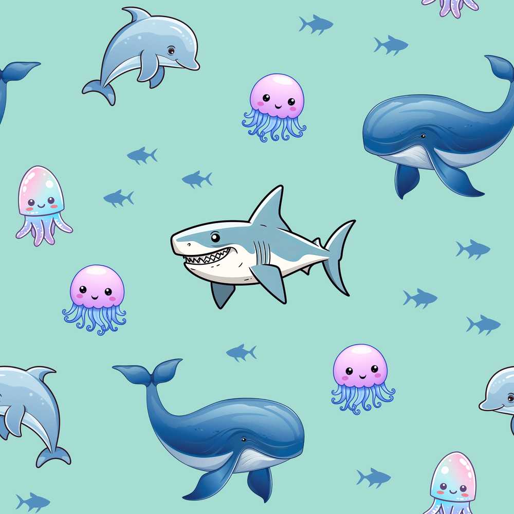 Cute Dolphin Shark and Jellyfish Ocean Animals Mint Green Background