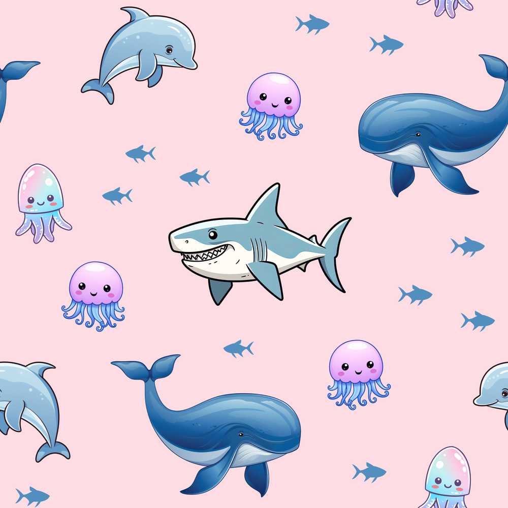 Cute Dolphin Shark and Jellyfish Ocean Animals Soft Pink Background