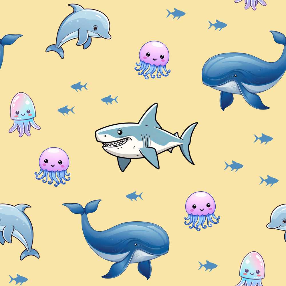 Cute Dolphin Shark and Jellyfish Ocean Animals Warm Yellow Background