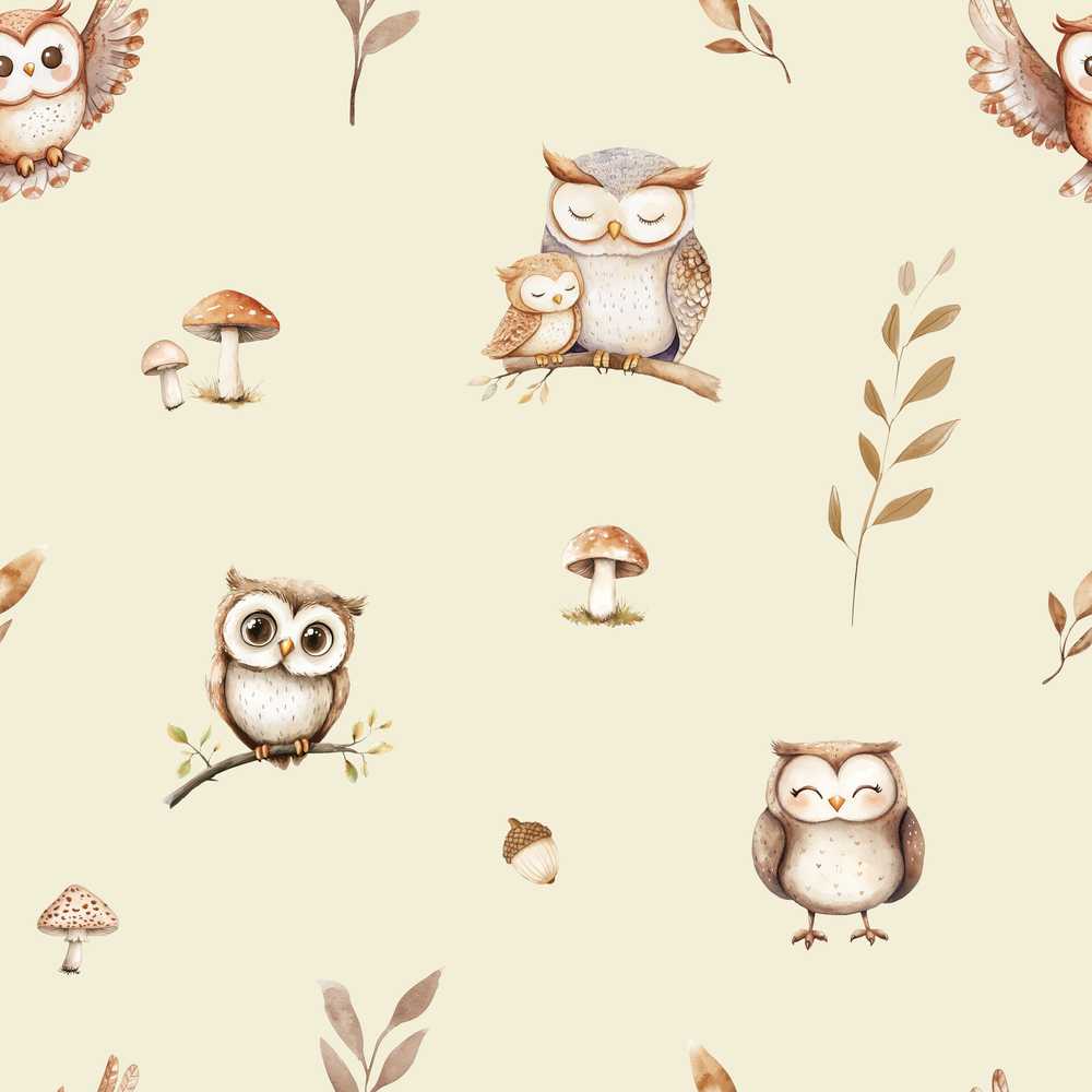 Cute Woodland Owls Mushrooms and Leaves Warm Beige Background