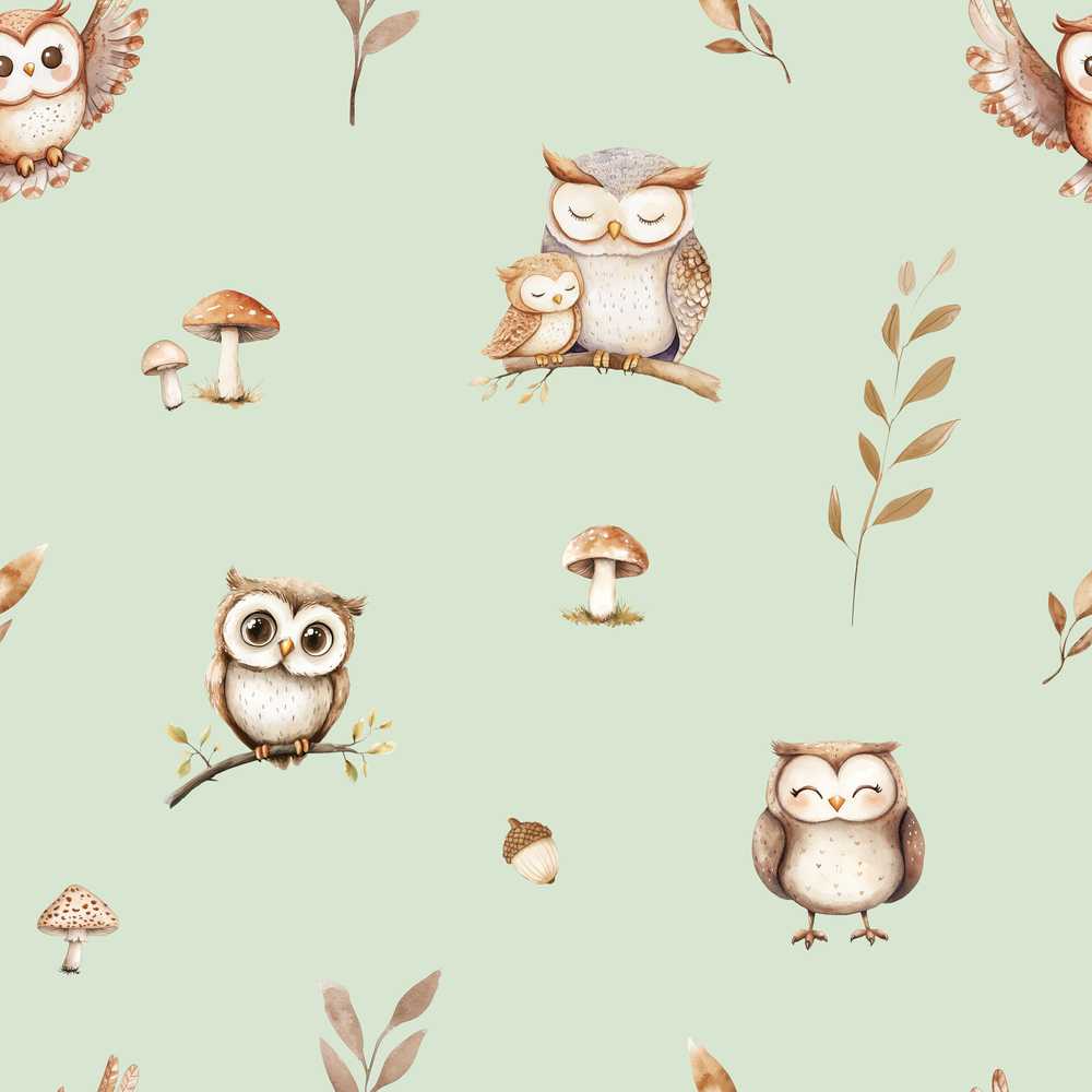 Cute Woodland Owls Mushrooms and Leaves Sage Green Background