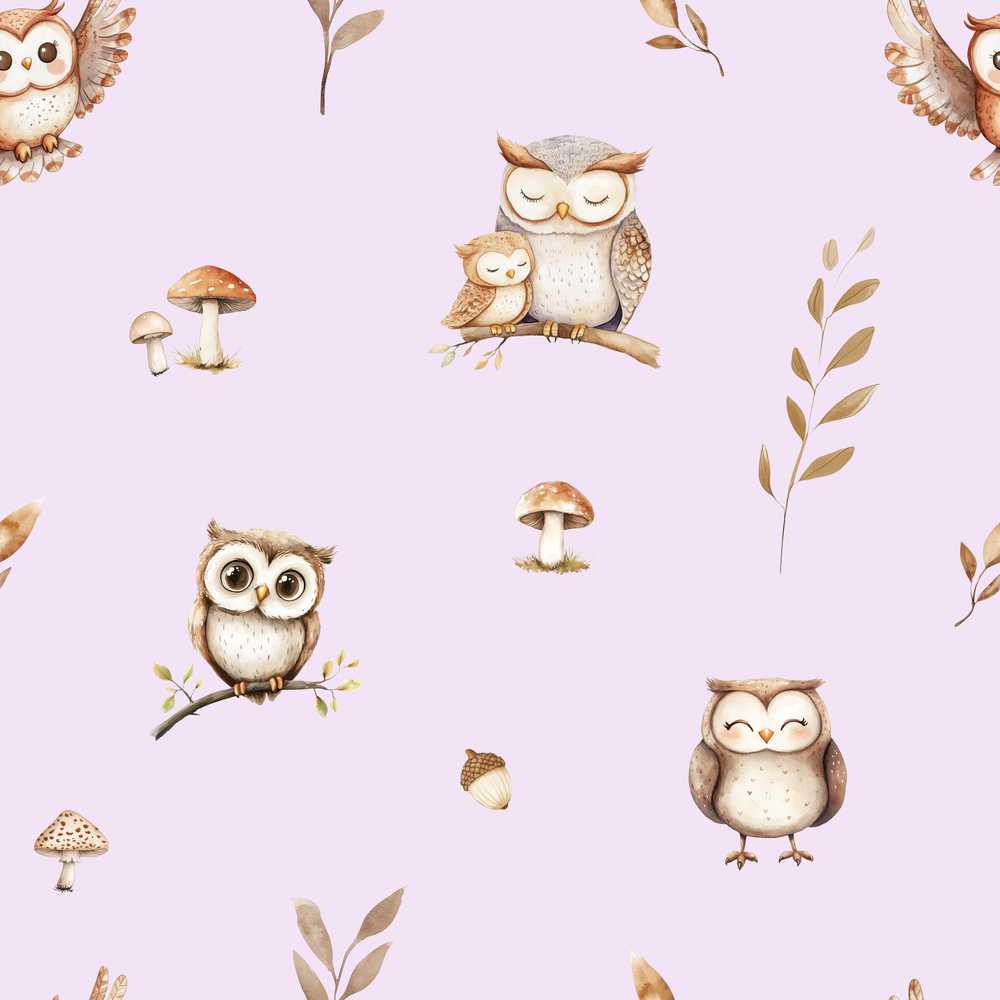 Cute Woodland Owls Mushrooms and Leaves Soft Lavender Background