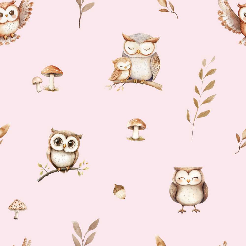 Cute Woodland Owls Mushrooms and Leaves Soft Beige Background