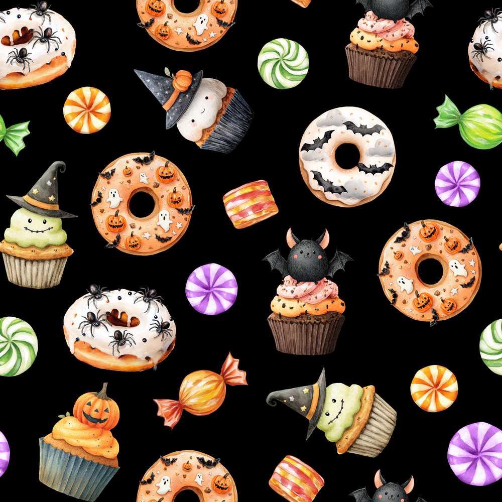 Halloween Donuts Cupcakes Bats Candy and Pumpkins Black Background