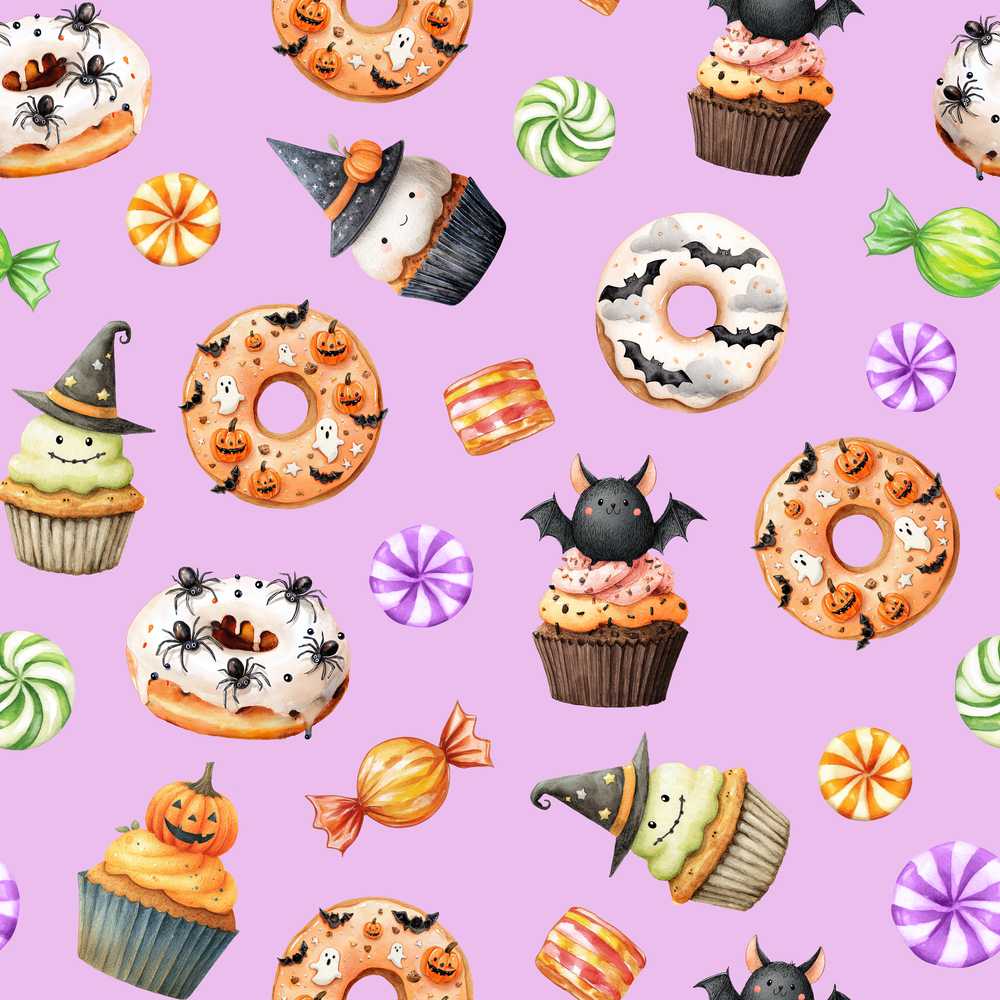 Cute Halloween Donuts Cupcakes Bats Candy and Pumpkins Background