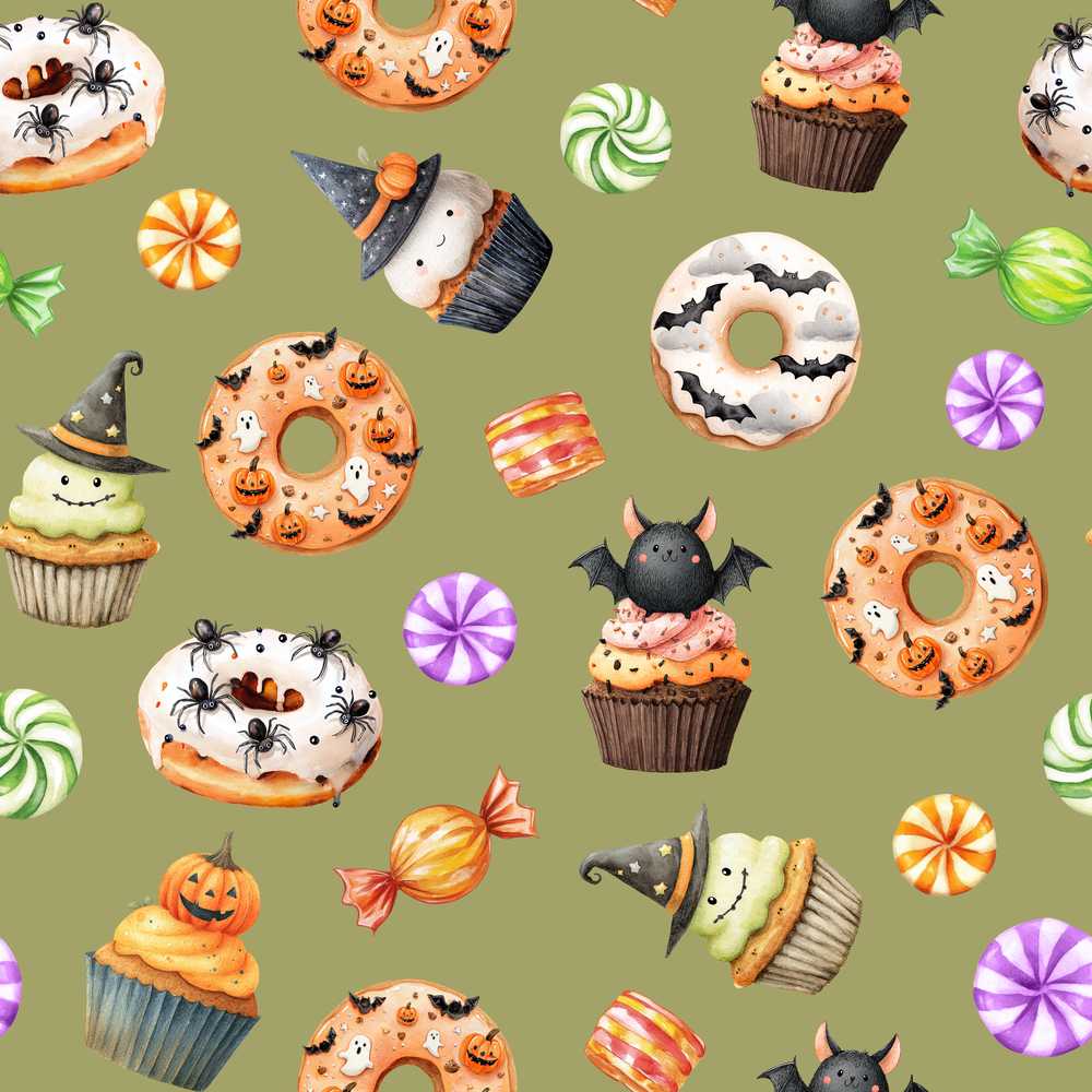 Cute Halloween Donuts Cupcakes Bats Candy and Pumpkins Olive Green