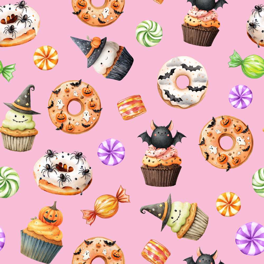 Cute Halloween Donuts Cupcakes Bats Candy and Pumpkins Pink Background