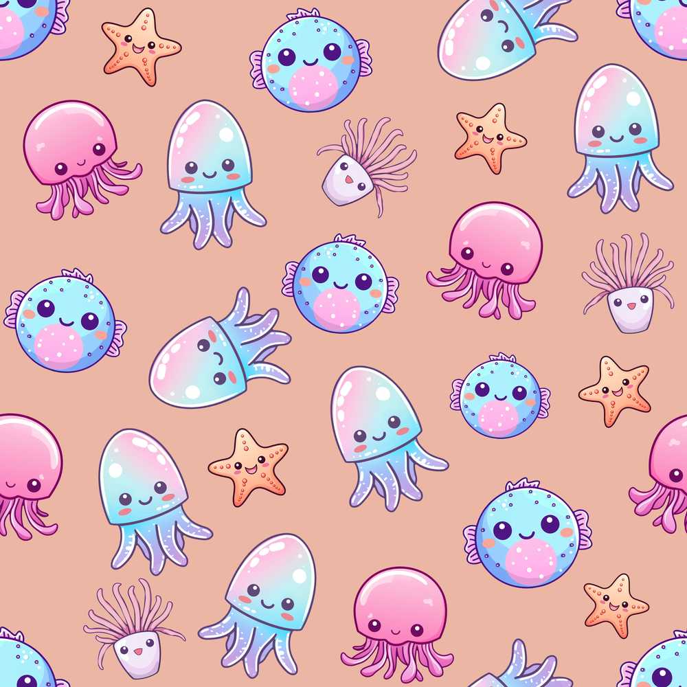 Kawaii Jellyfish Starfish and Sea Creatures Warm Peach Background