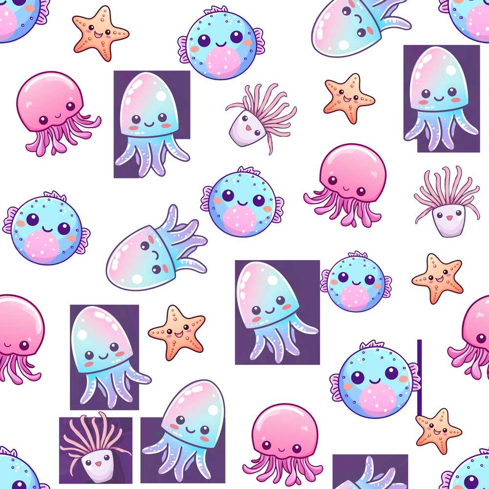 Kawaii Jellyfish Starfish and Sea Creatures Light Grey Background