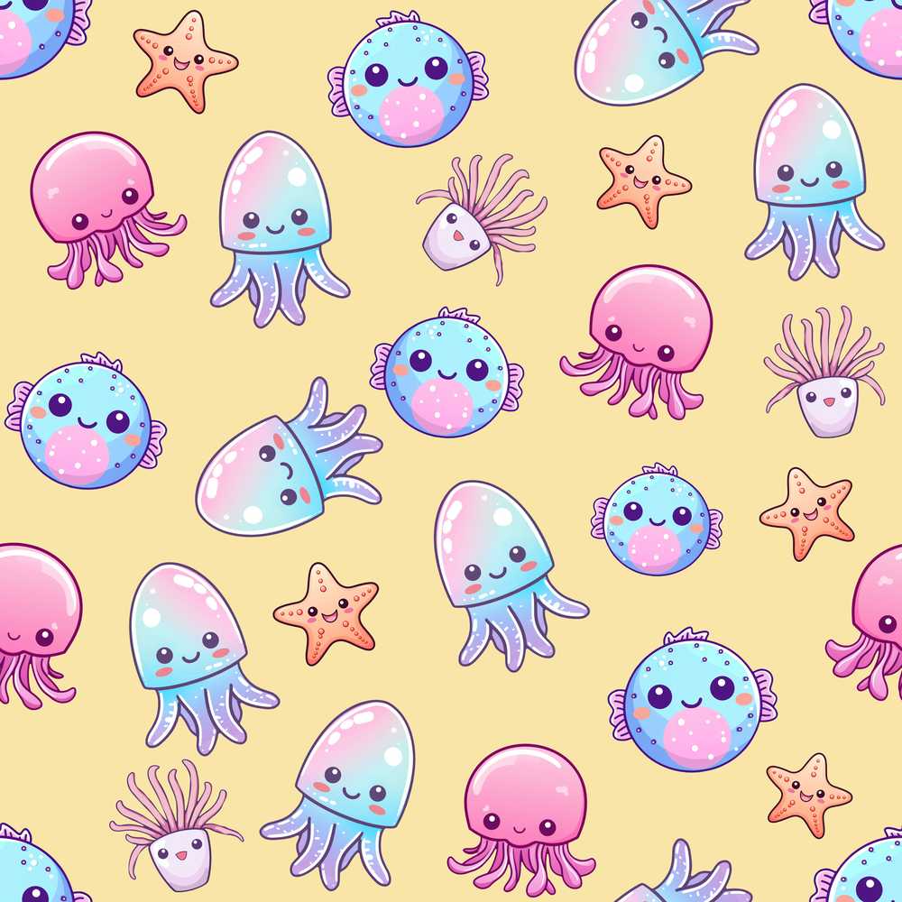 Jellyfish Starfish and Cute Sea Creatures Warm Mustard Yellow Background