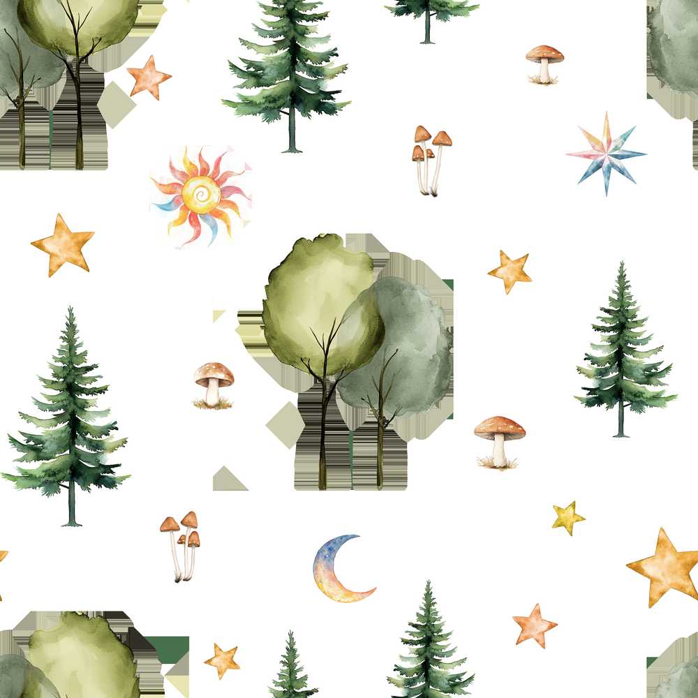 Watercolour Forest Trees Mushrooms Sun Moon and Stars Woodland
