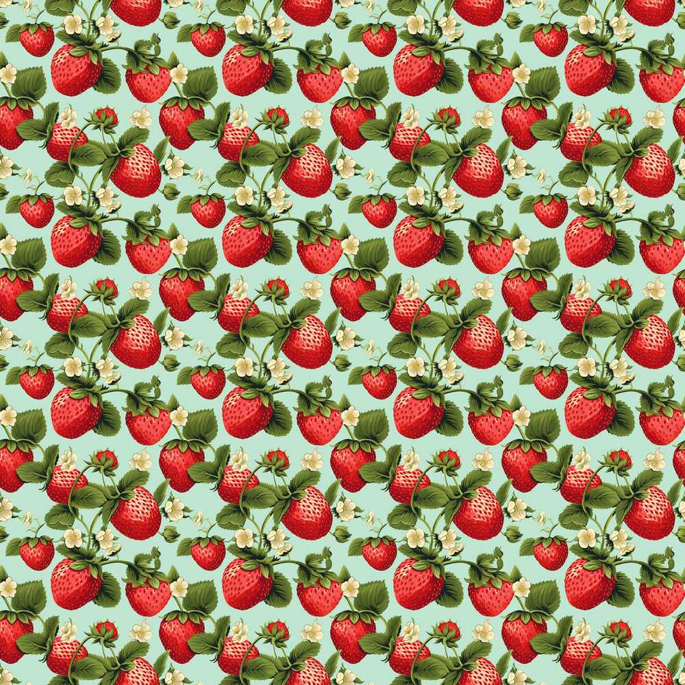 Vintage Style Strawberries and Blossoms on Soft Mint Green Background