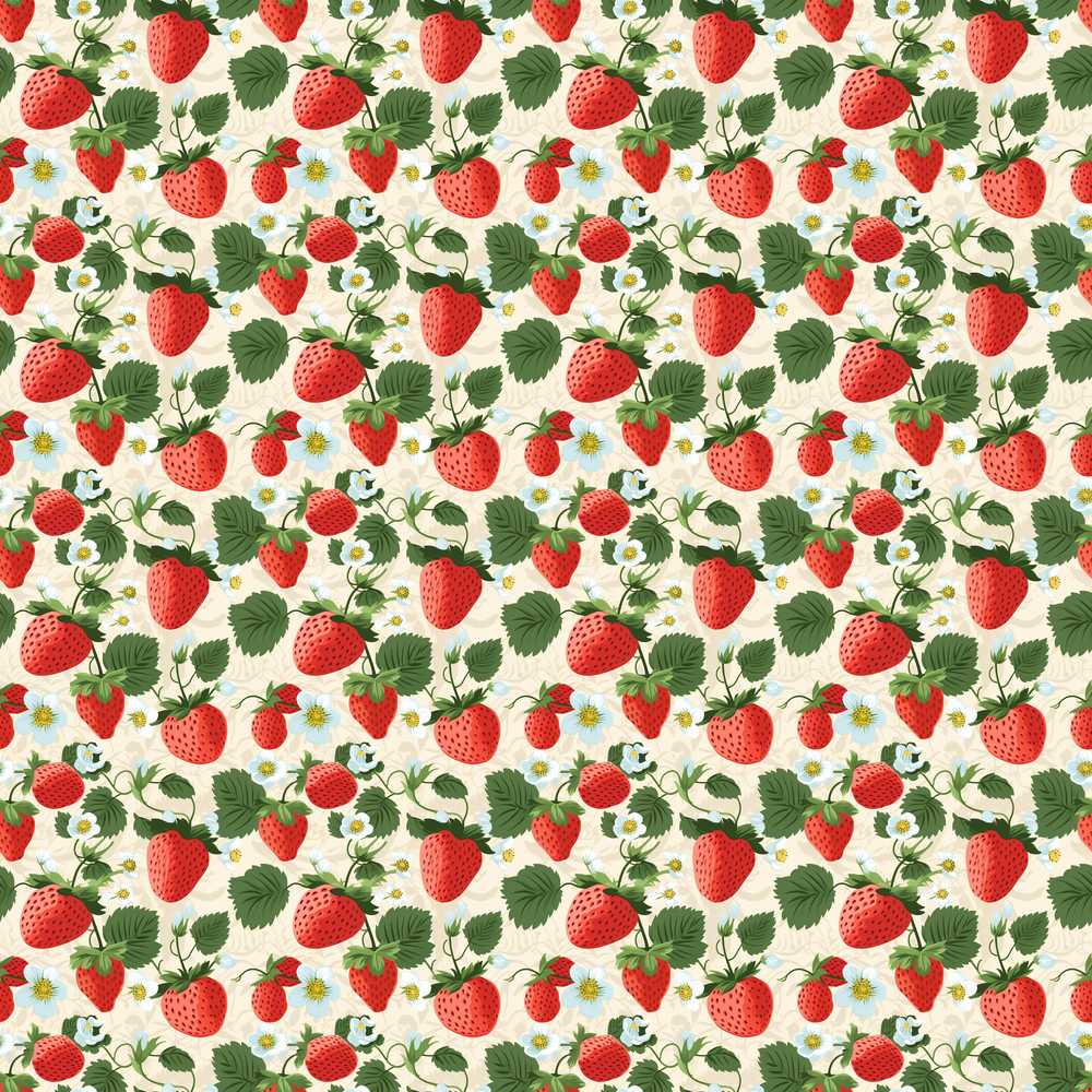 Vintage Strawberries and Floral Garden on Cream Beige Background