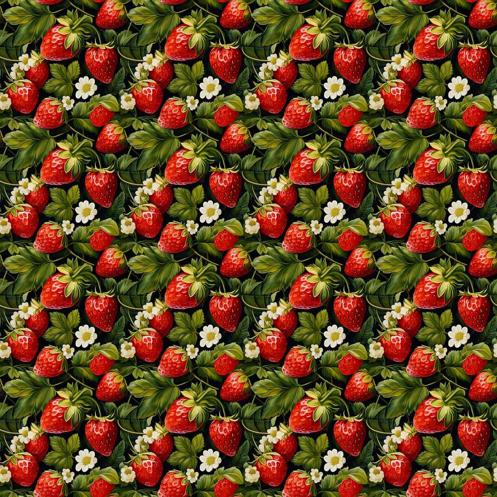Rich Vintage Strawberries Leaves and Blossoms on Dark Background