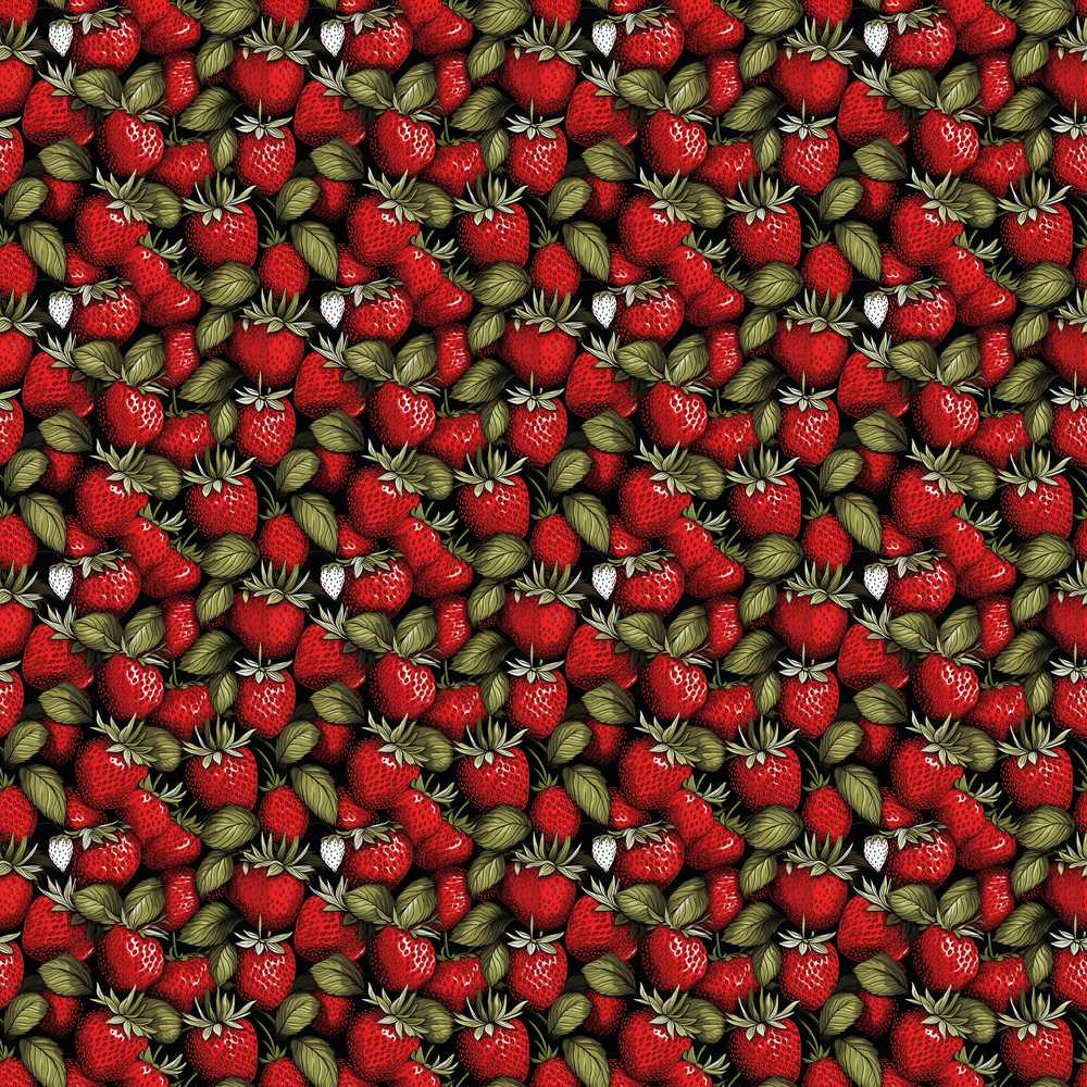 Dense Vintage Strawberries and Foliage on Black Background