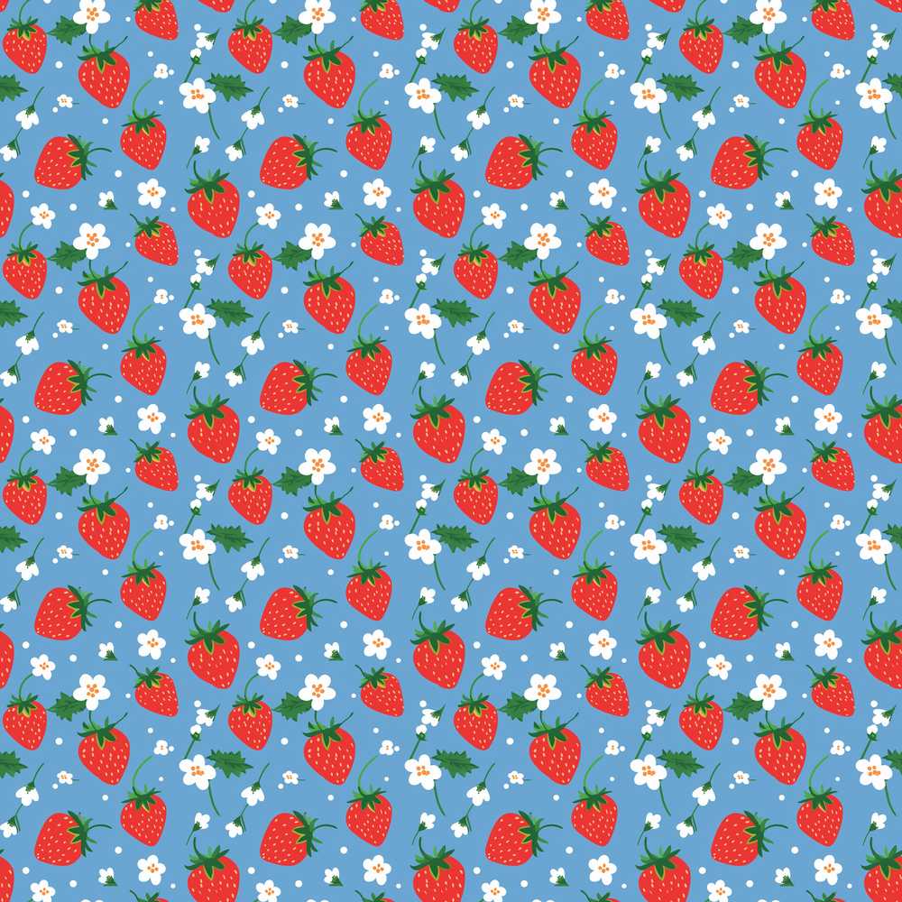 Cute Simple Strawberries and Flowers on Blue Background Wildflower