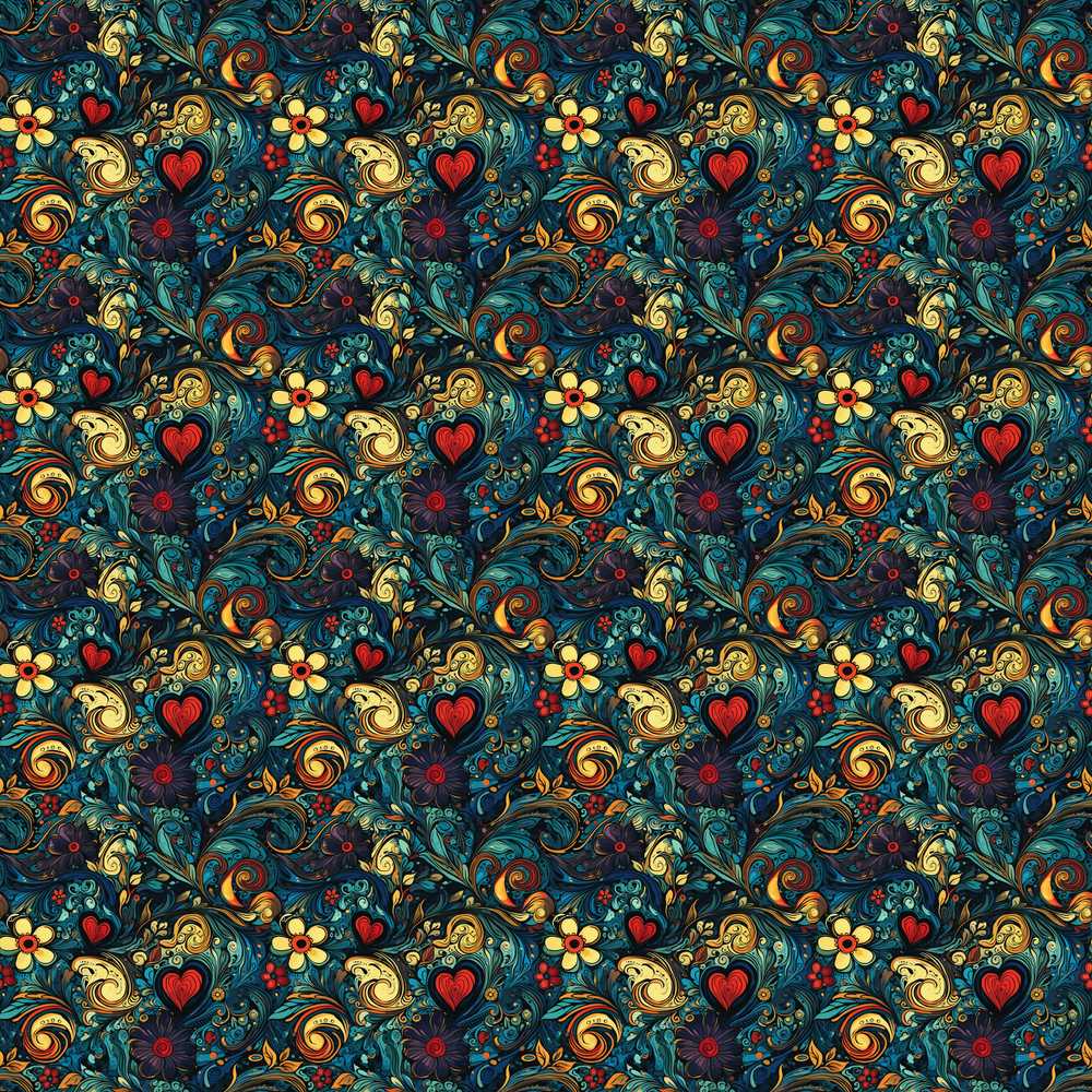 Ornate Floral Swirl Hearts on Dark Background Decorative Wildflower