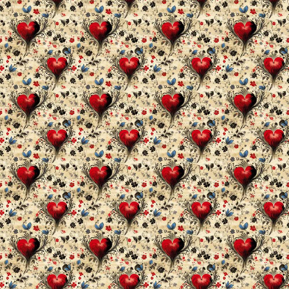 Vintage Red Heart Floral Swirl Ornamental Wildflower Pattern Botanical
