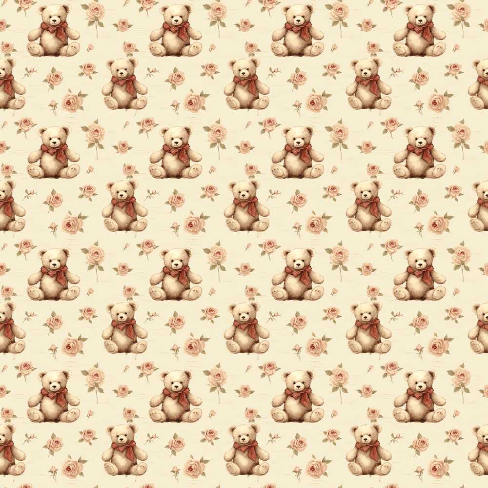 Adorable Teddy Bear with Rose Floral Wildflower Pattern Botanical