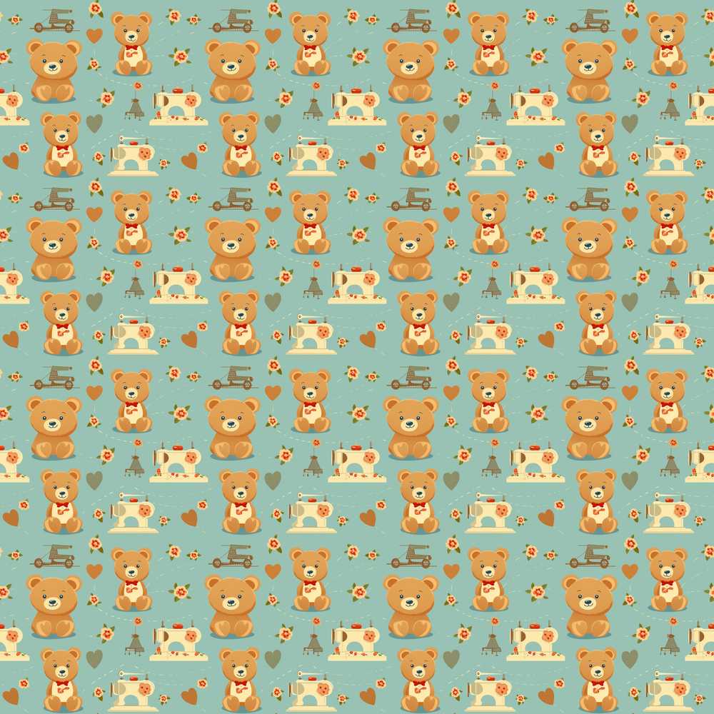 Cute Teddy Bear Sewing Theme Vintage Style Illustration