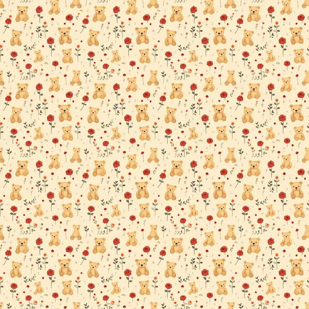 Cute Teddy Bear and Red Rose Floral Wildflower Pattern
