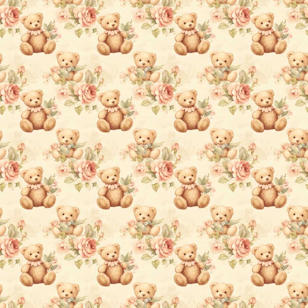Vintage Teddy Bears with Soft Rose Floral Background Wildflower