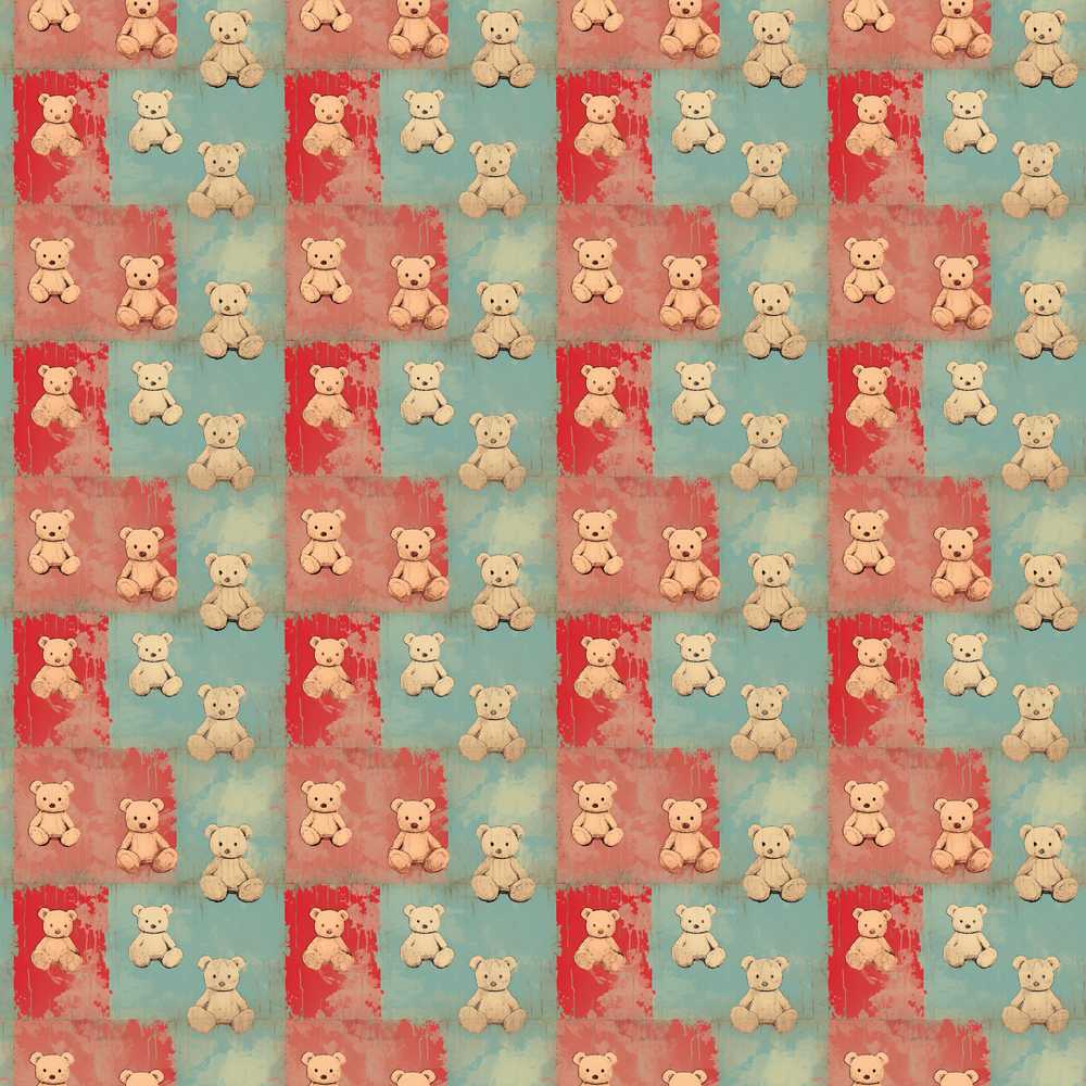 Vintage Teddy Bears Patchwork Style Red and Blue