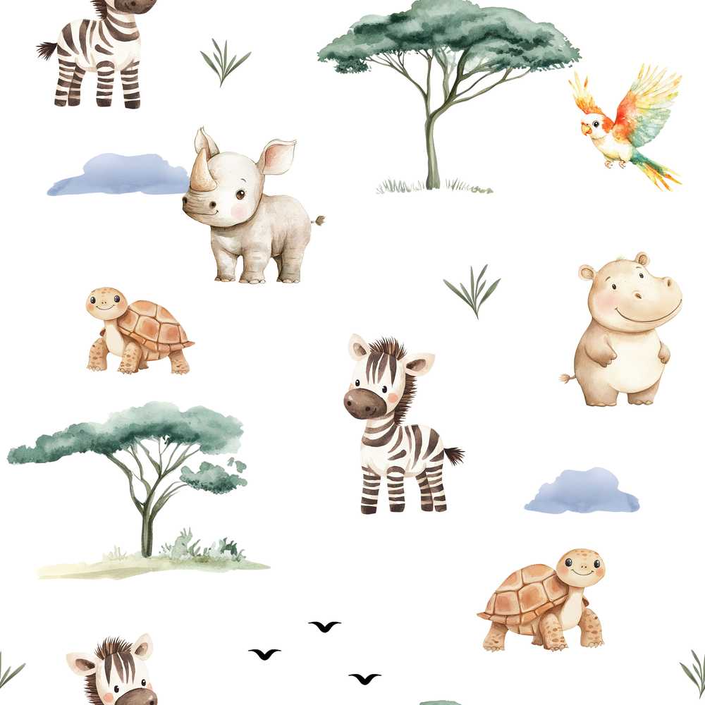Cute Safari Animals Zebra Rhino Turtle with Trees Neutral Background
