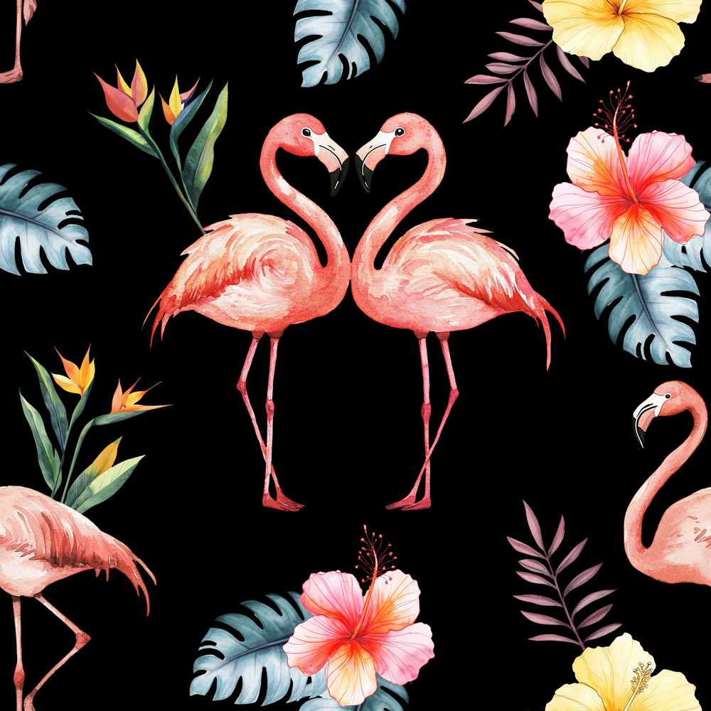 Elegant Pink Flamingos Tropical Flowers on Black Background Wildflower