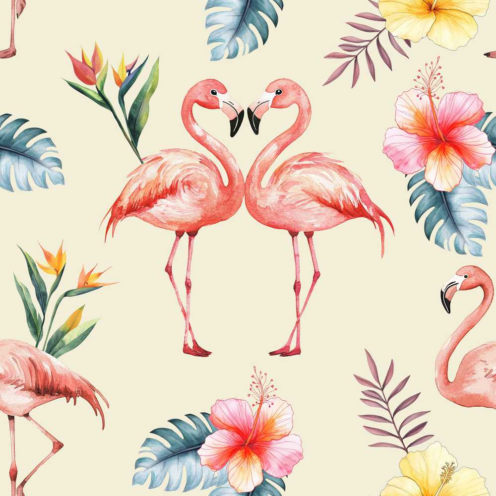 Elegant Pink Flamingos Tropical Flowers on Beige Background Wildflower
