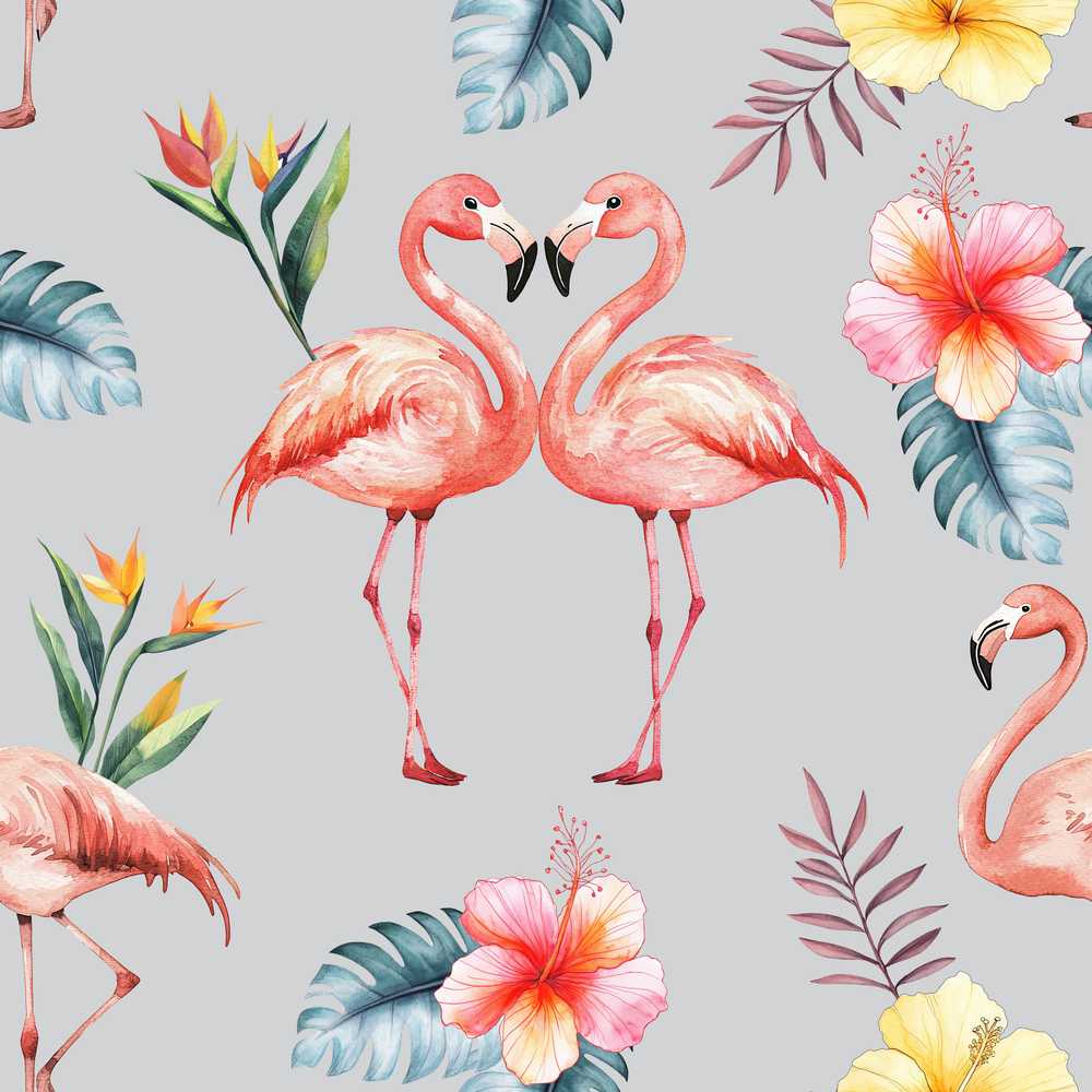 Elegant Pink Flamingos Tropical Flowers on Grey Background Wildflower