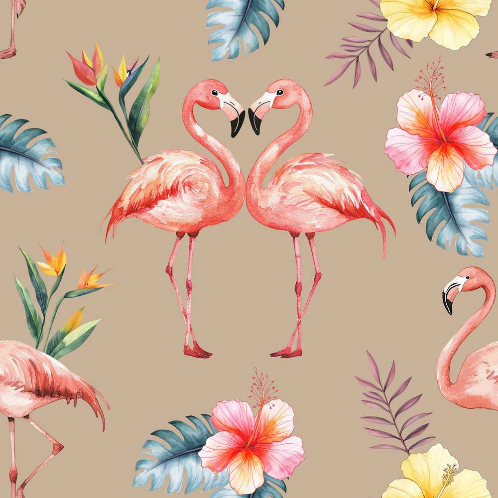 Elegant Pink Flamingos Tropical Flowers on Tan Background Wildflower