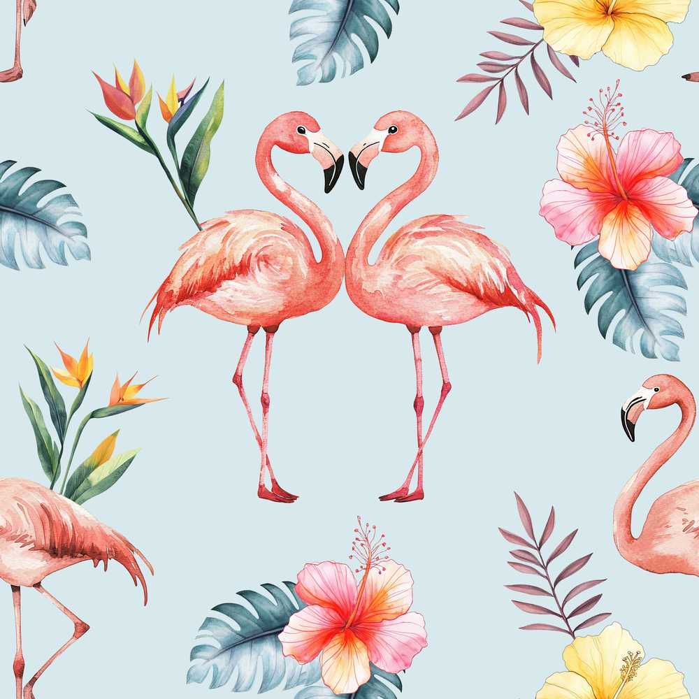 Elegant Pink Flamingos Tropical Flowers on Blue Background Wildflower