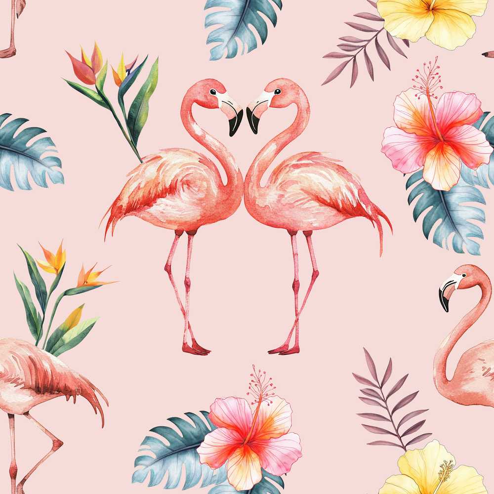 Elegant Pink Flamingos Tropical Flowers on Pink Background Wildflower