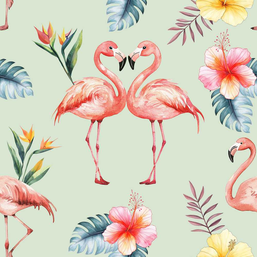 Elegant Pink Flamingos Tropical Flowers on Sage Green Background