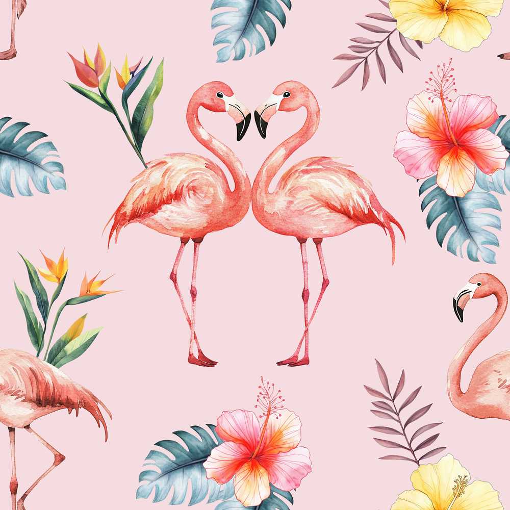 Elegant Pink Flamingos Tropical Flowers on Soft Pink Background Seamless