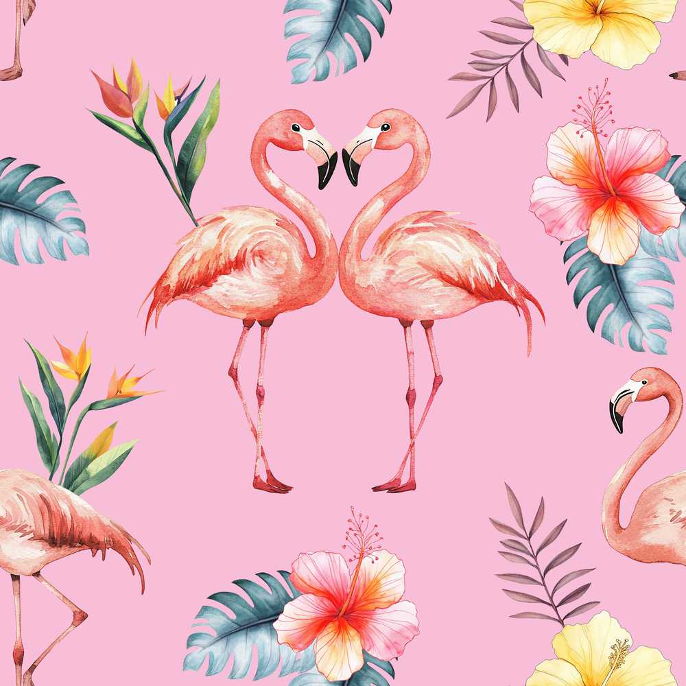 Elegant Pink Flamingos Tropical Flowers on Blush Pink Background