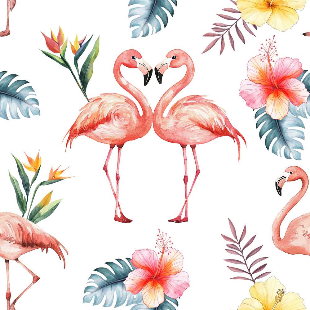 Elegant Pink Flamingos Tropical Flowers on Pale Grey Background Seamless