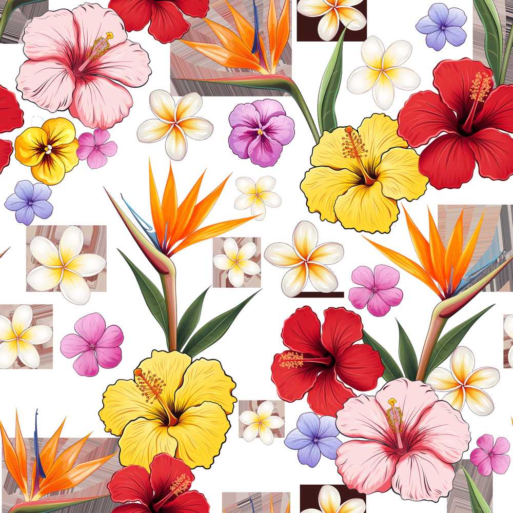 Cute Tropical Hibiscus Flowers Birds of Paradise Bright Floral