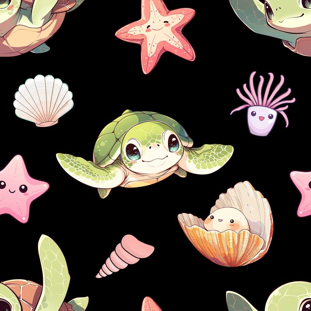 Cute Cartoon Sea Turtle Starfish Shells on Black Background