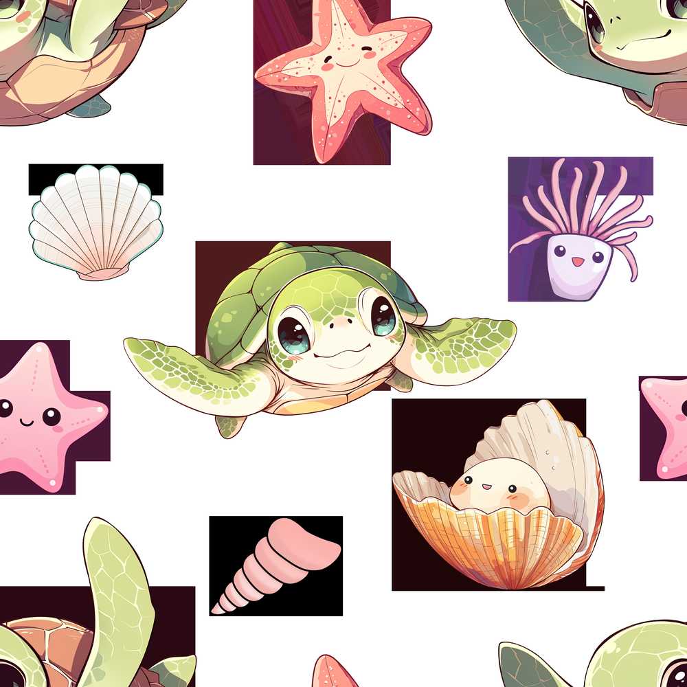 Cute Cartoon Sea Turtle Starfish Shells on White Background