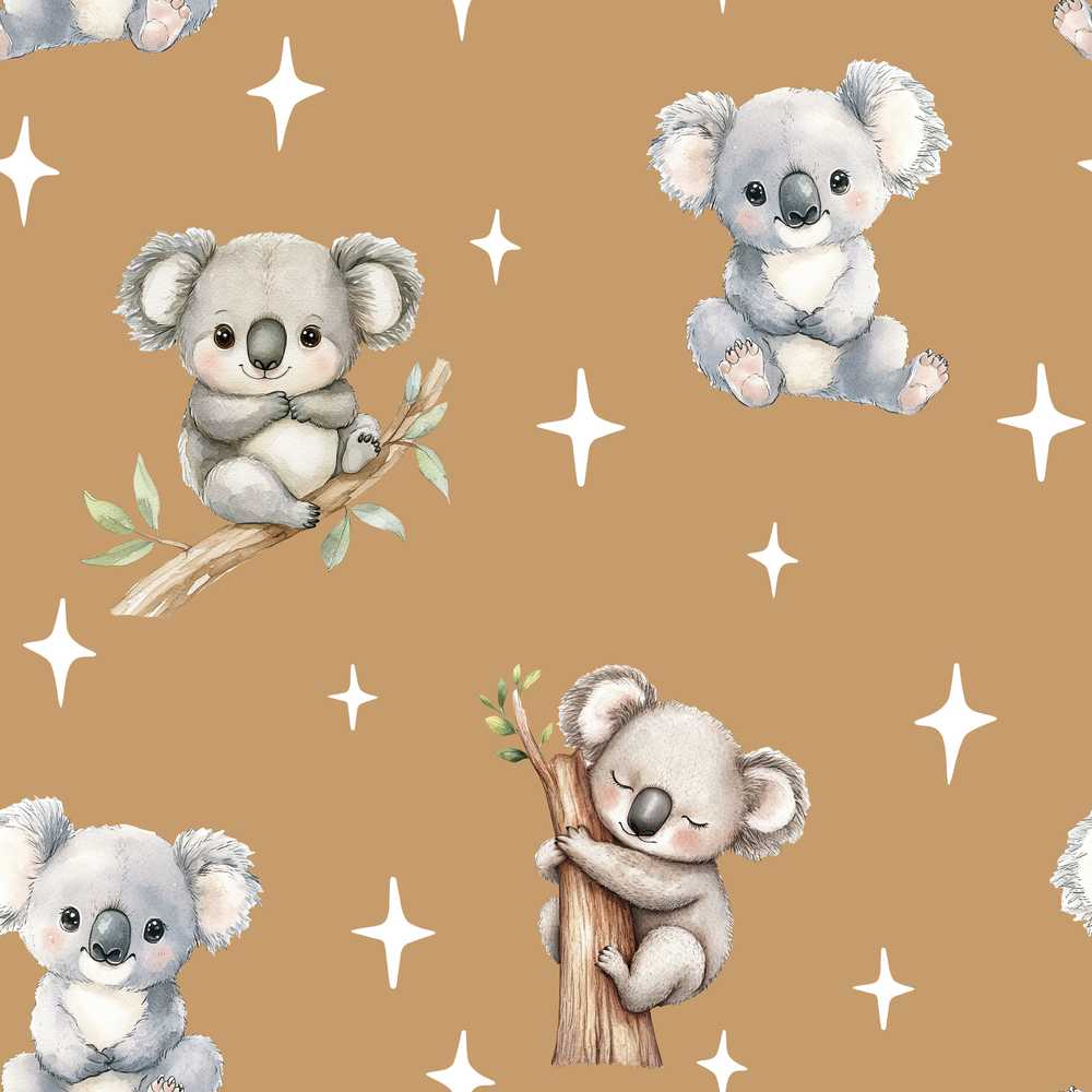 Cute Baby Koala Bears with Stars on Warm Brown Background