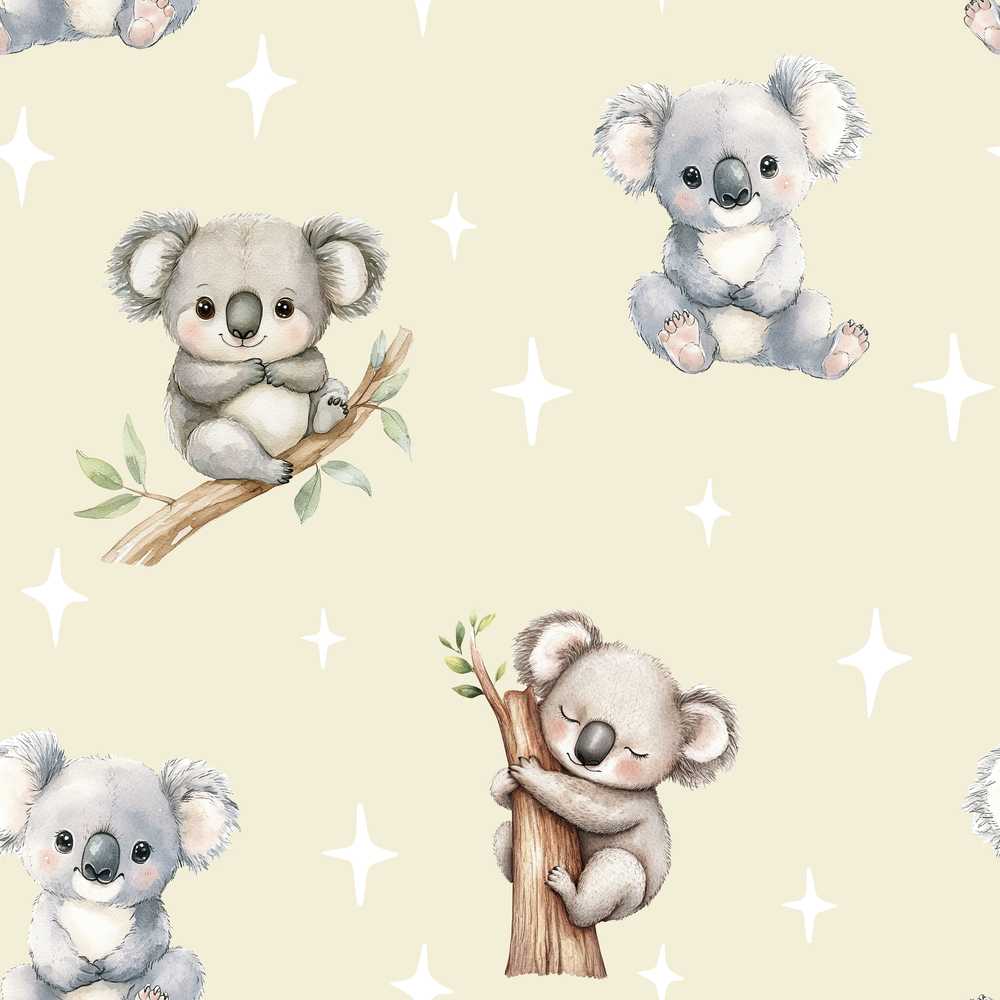 Cute Baby Koala Bears with Stars on Soft Beige Background