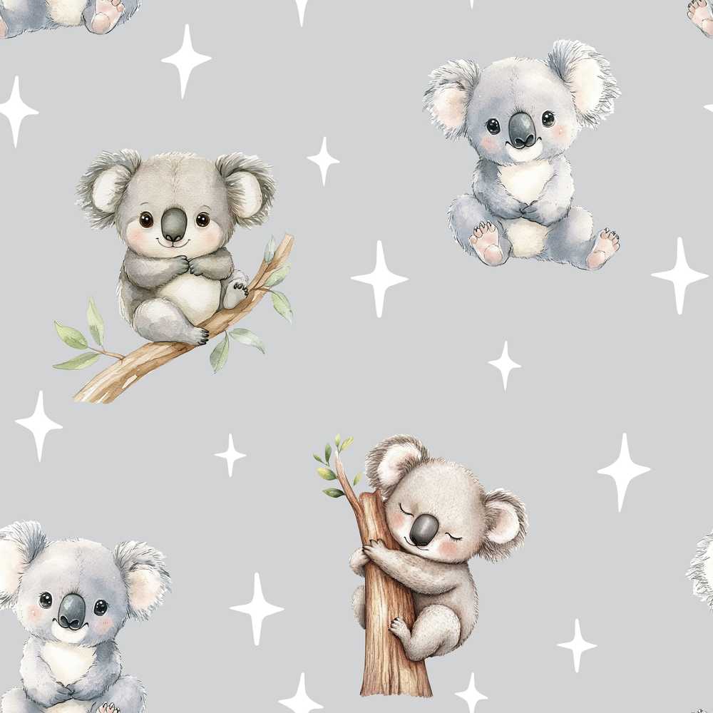 Cute Baby Koala Bears with Stars on Grey Background