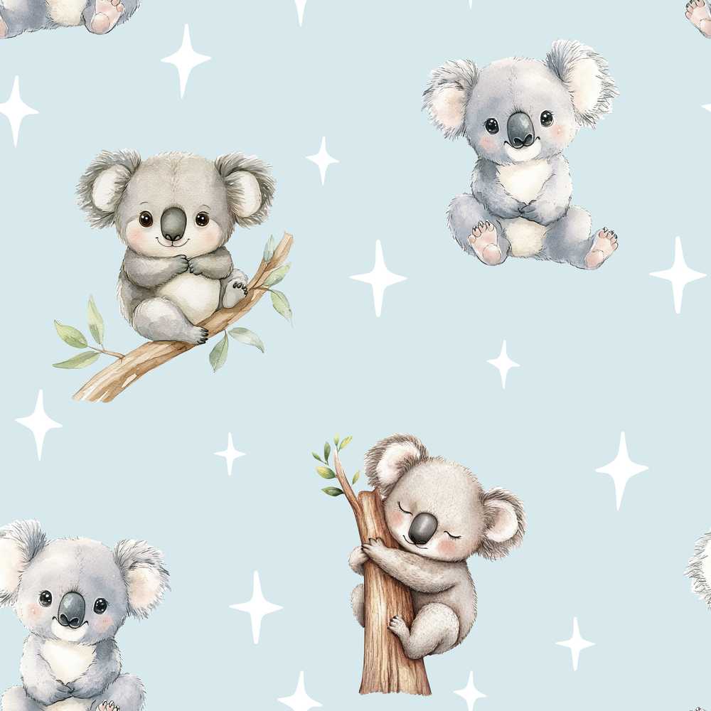 Cute Baby Koala Bears with Stars on Soft Blue Background