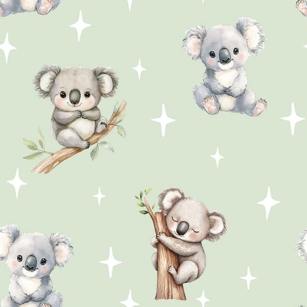 Cute Baby Koala Bears with Stars on Sage Green Background