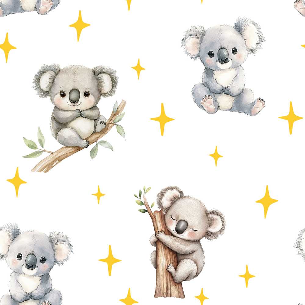 Cute Baby Koala Bears with Yellow Stars on Light Grey