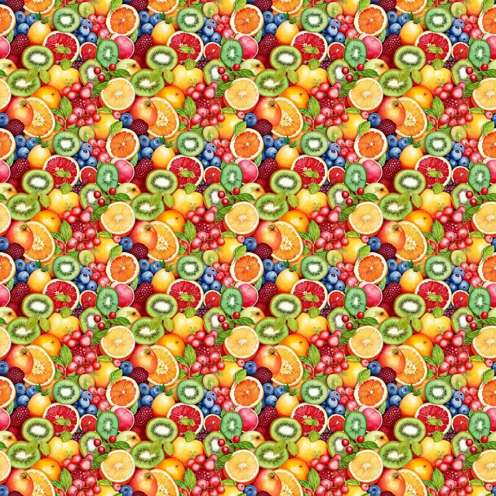 Vibrant Mixed Citrus and Berry Fruit Illustration Repeat