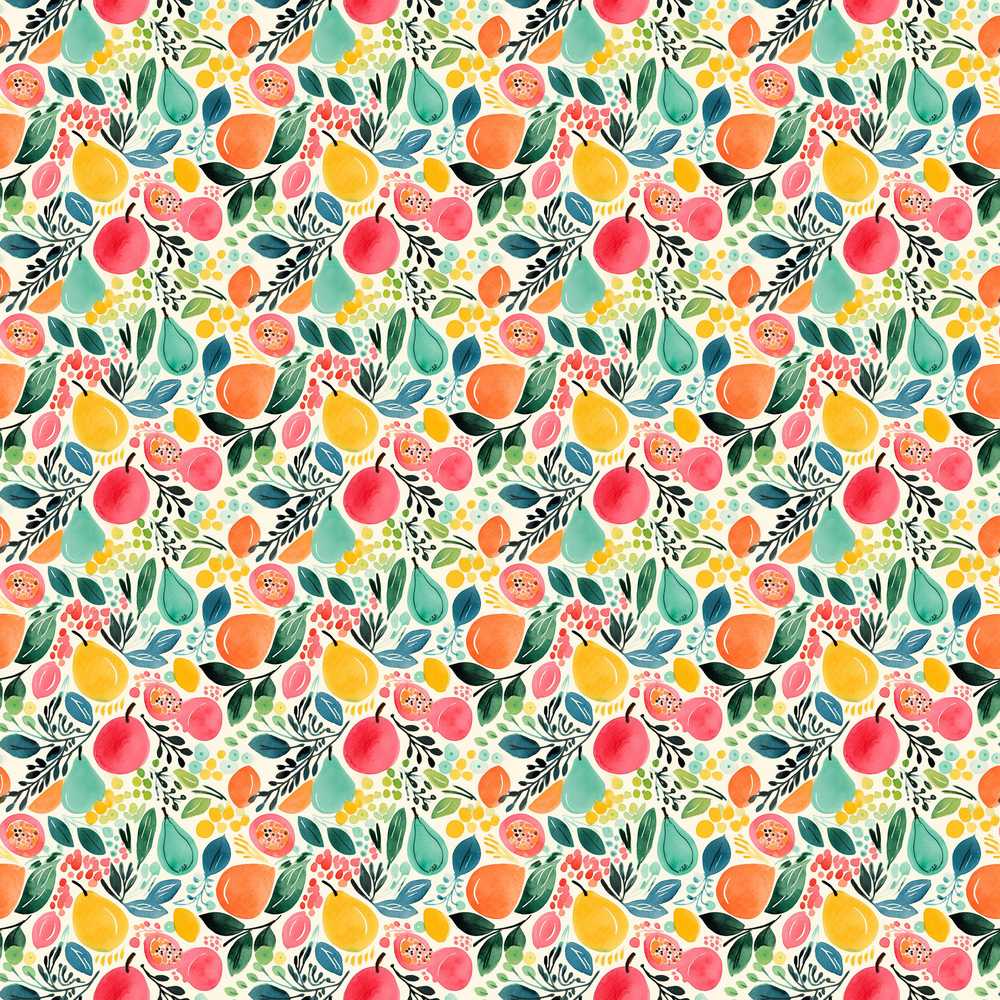Colorful Watercolor Mixed Fruit and Leaves Wildflower Pattern Botanical