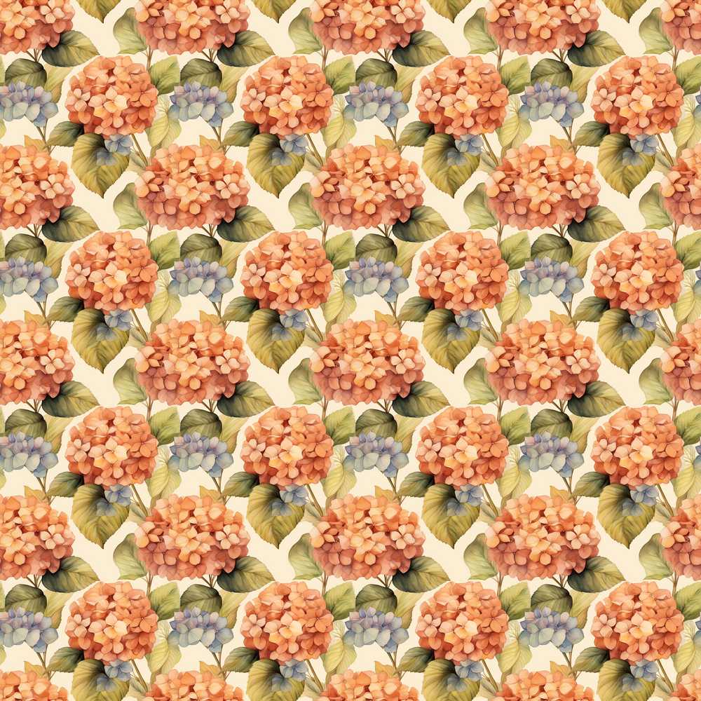 Orange and Blue Hydrangea Vintage Floral Wildflower Pattern Botanical
